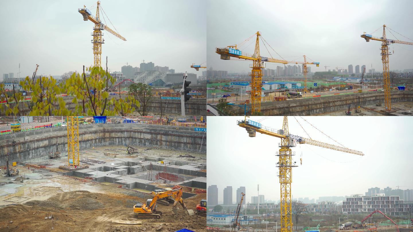 4K建筑工地塔吊空镜